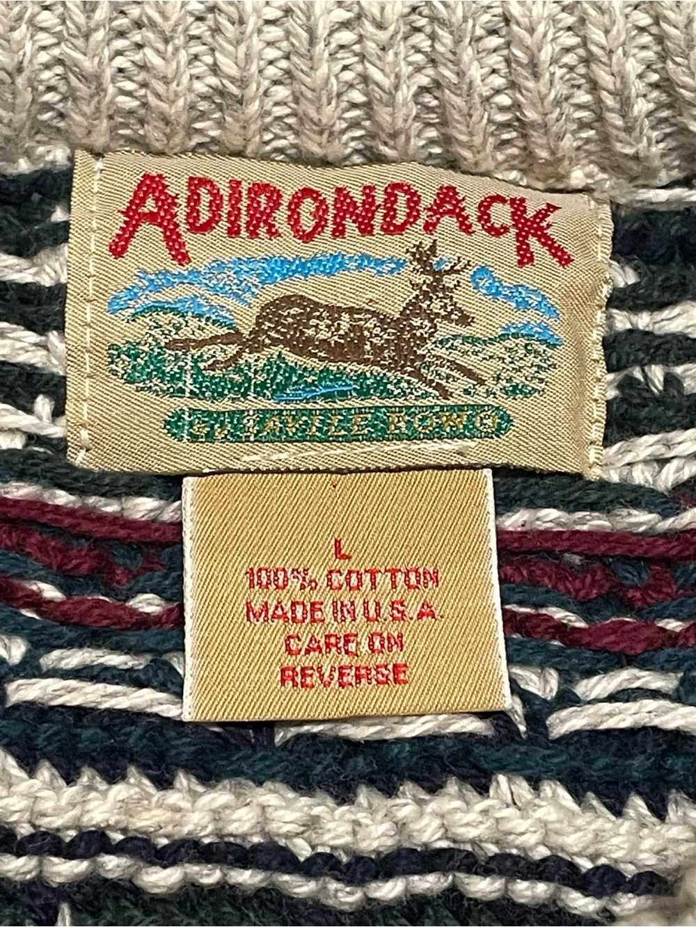 Vintage Ski Lodge Adirondack Men’s Sz L Cable Crewneck Sweater Cream Fair Isle